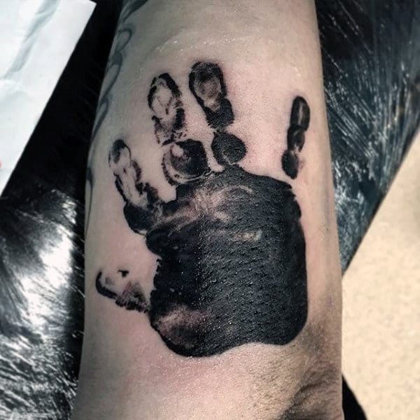 Black Ink Watercolor Guys Handprint Outer Forearm Tattoos