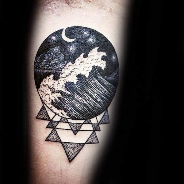 Black Ink Waves With Geometric Pattern Mens Circle Tattoo Ideas