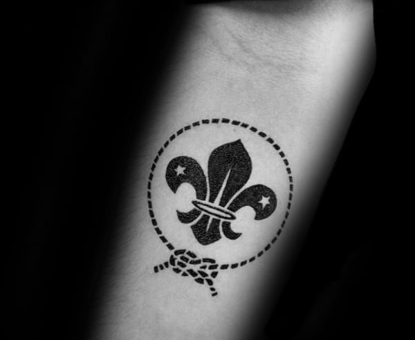 Black Ink With Rope Mens Fleur De Lis Inner Arm Tattoo