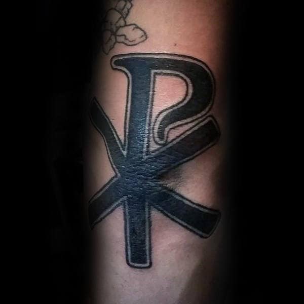 Black Ink With Thin Outline Mens Chi Rho Symbol Arm Tattoos