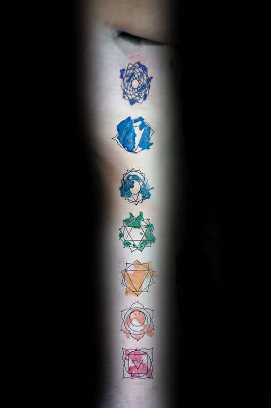 Black Ink With Watercolor Chakras Mens Arm Tattoos
