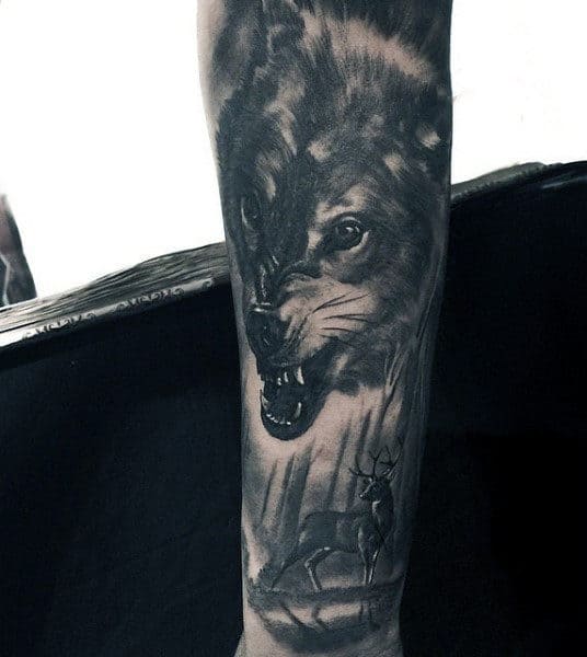 Black Ink Wolf And Deer Mens Tattoos