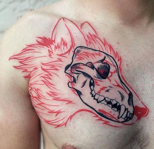 Black Ink Wolf Skull With Red Ink Outline Mens Animal Chest Tattoo
