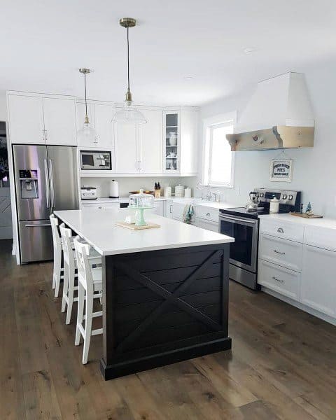 Modern kitchen with black island, white cabinets, pendant lights, and stainless steel appliances.