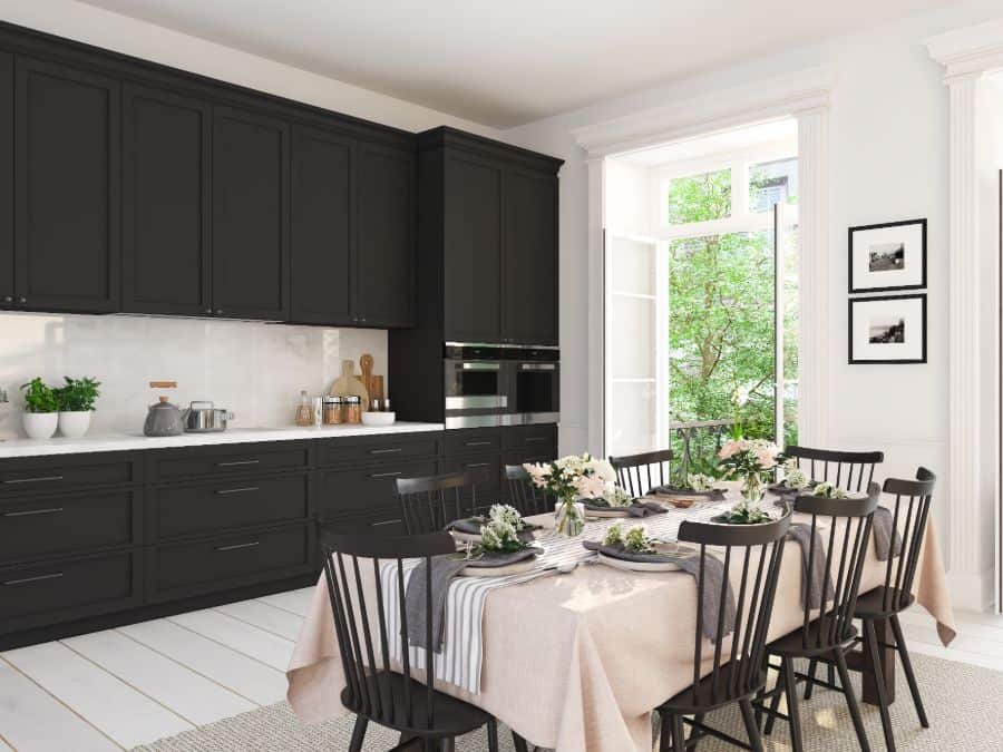 black cabinet open kitchen dining room table