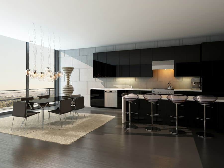 modern black cabinet kitchen with dining room table