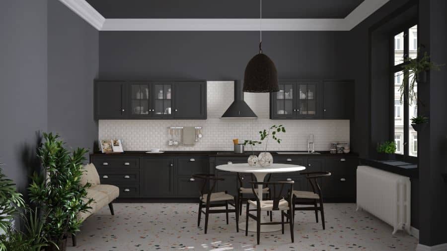 open black cabinet kitchen with white tile backsplash