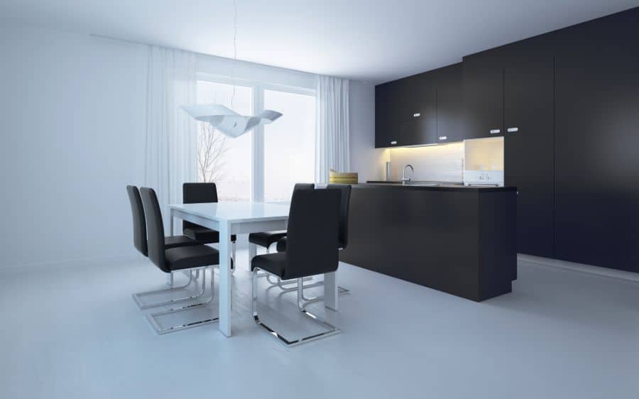 modern minimalist kitchen with black cabinets and white floors