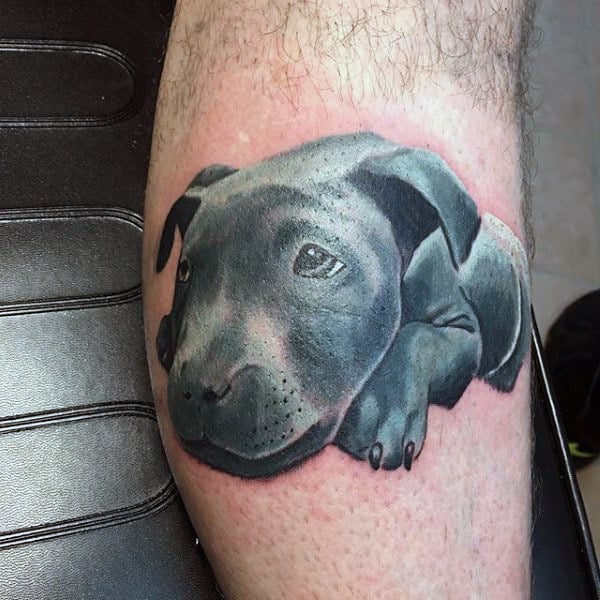 Black Lab Mens Dog Tattoo On Leg Calf
