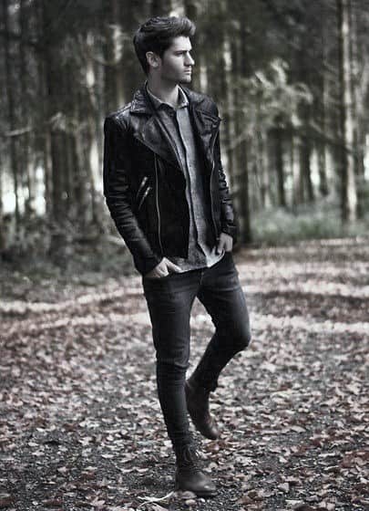Black Lether Jacket With Black Pants Guy With Sharp Looking Fall Outfits Outfit
