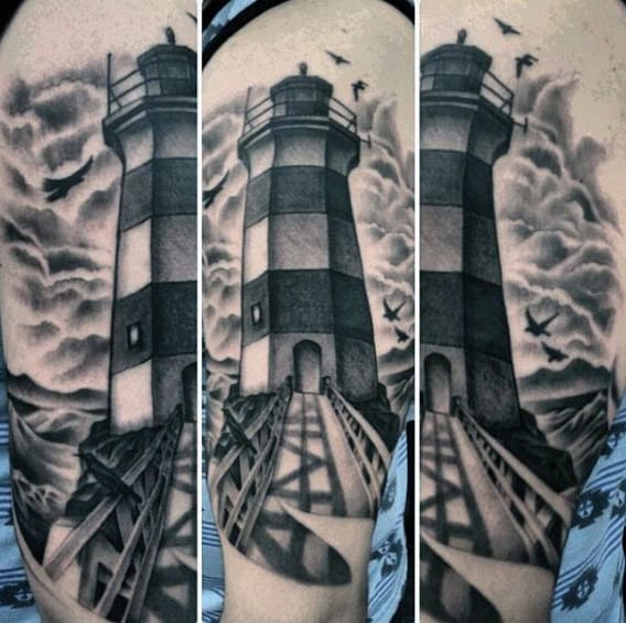 Black Lighthouse Tattoo Art For Men On Arm
