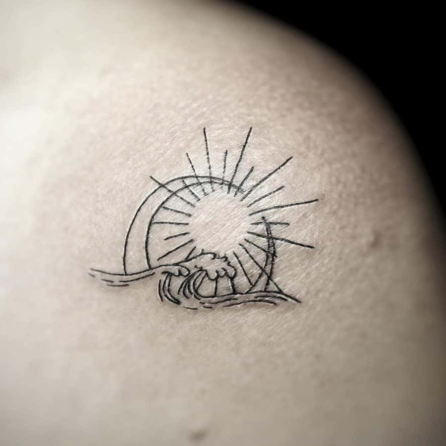 Minimalist black ink tattoo of a sun and crescent moon over ocean waves, featuring fine linework and radiant sun rays.