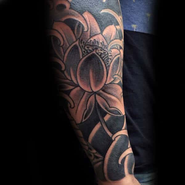 Black Lotus Flower Mens Forearm Japanese Sleeve Tattoo
