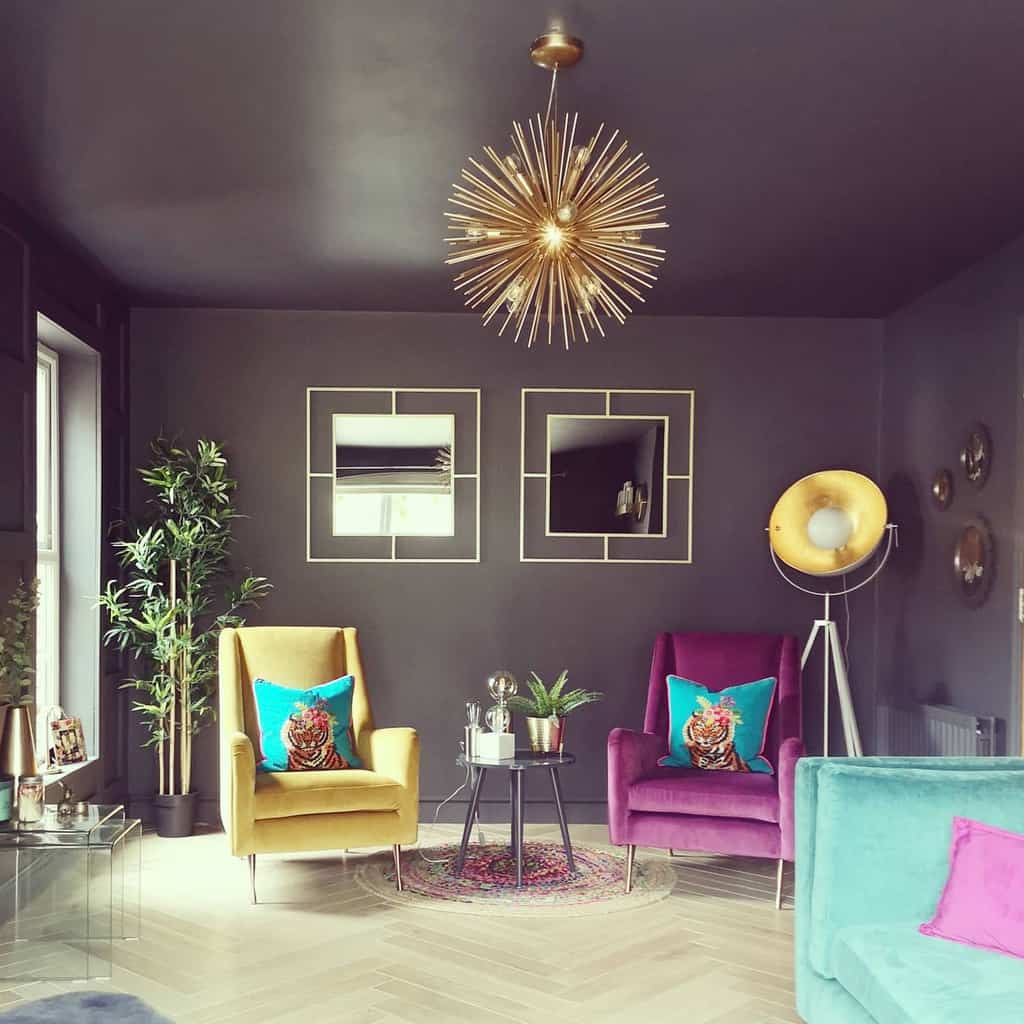 vintage living room with colorful accent chairs