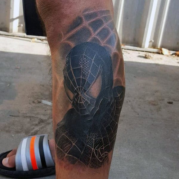 Black Masked Spiderman Tattoo Male Legs