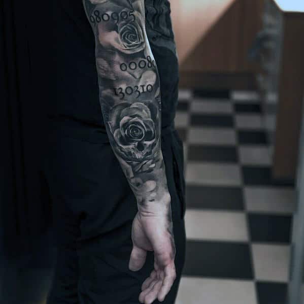 Tattooed arm with numbers and roses