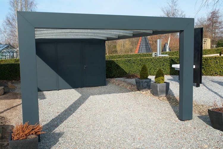 black metal and glass modern carport gravel