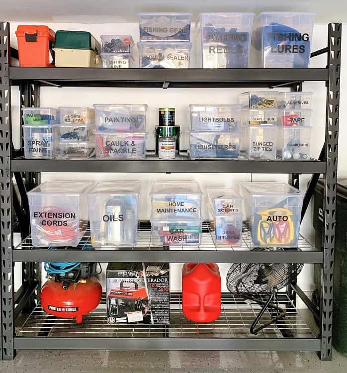 black metal shelving unit clear storage containers 