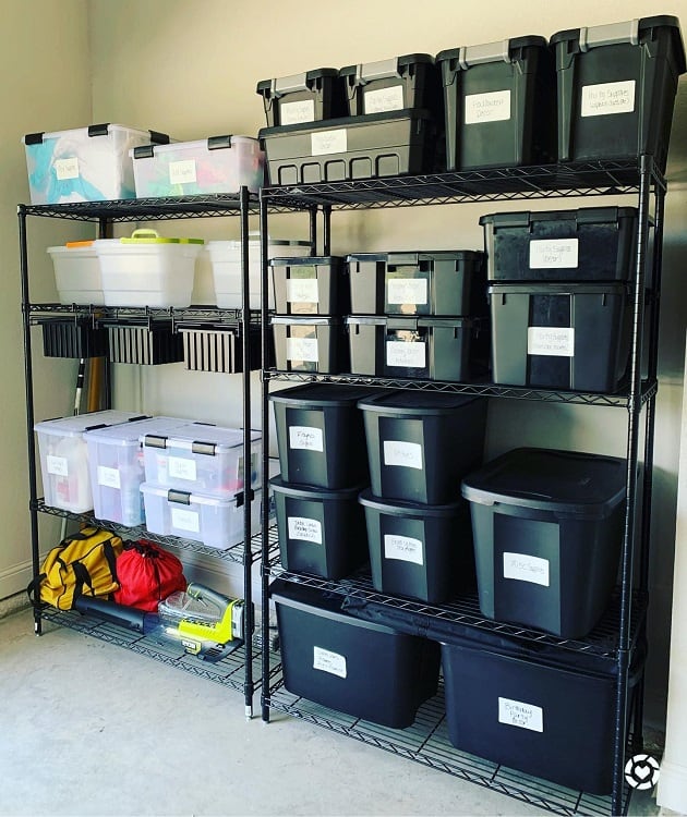 black metal garage shelving unit black storage bins