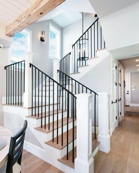black metal with white wood beam posts stair railing