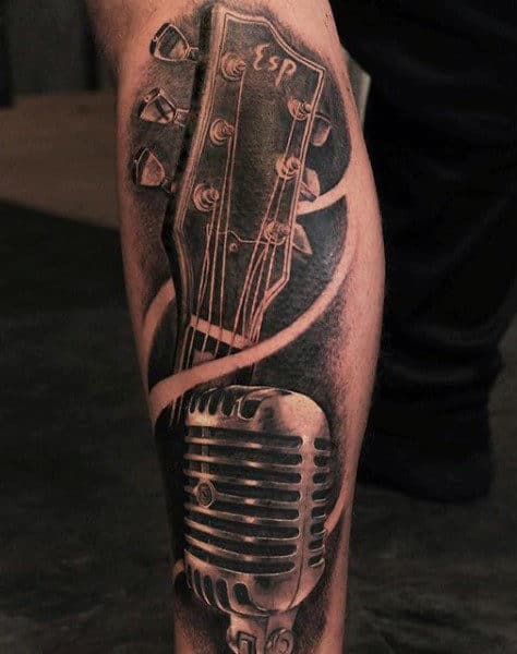 Black Microphone Guitarhead Tattoo For Men On Legs