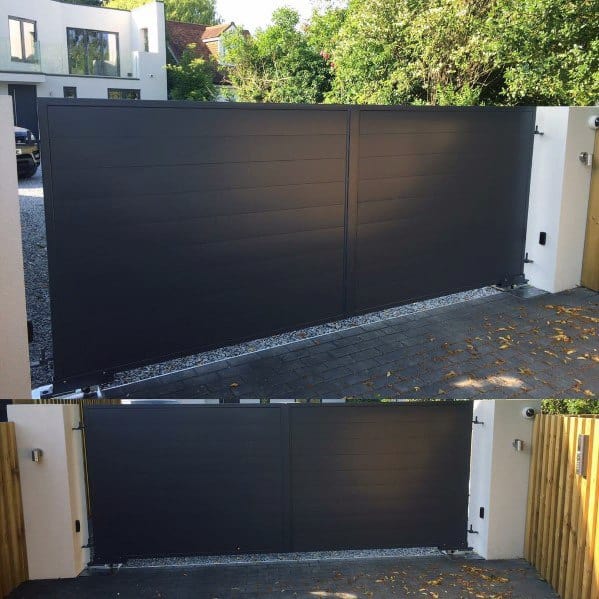 Sleek black modern driveway gate with smooth horizontal panel design.