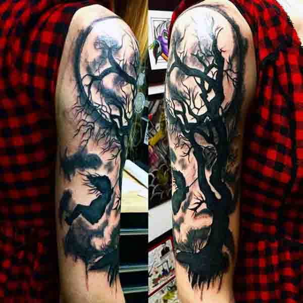 Black Moon Tattoos For Men With Tree Design