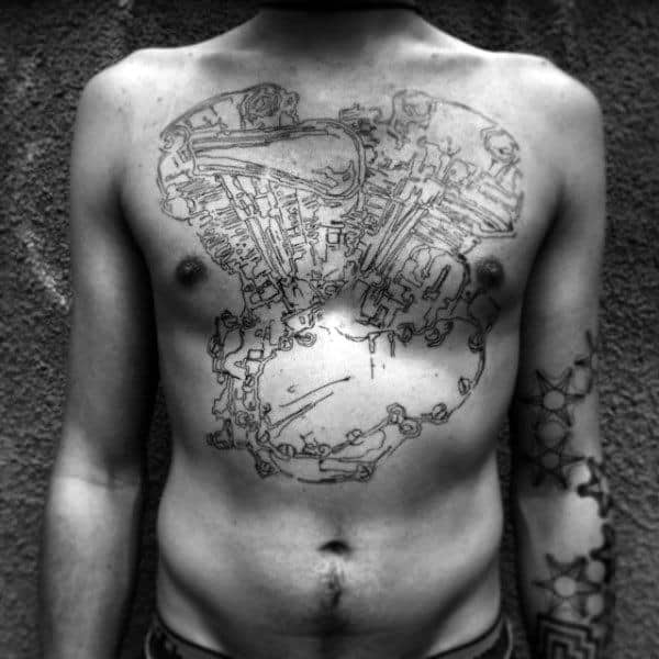 Black Outline Of Engine Tattoo Male Chest