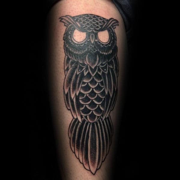 Black Owl Male Traditional Thigh Tattoo Designs