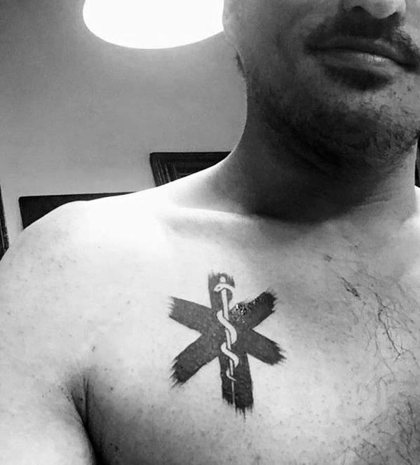 Black Paint Brush Stroke Star Of Life Mens Upper Chest Tattoos