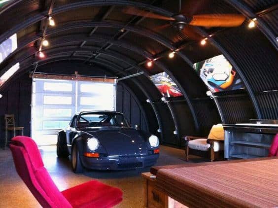 Black Painted Ceiling With Track Garage Lights And Fan