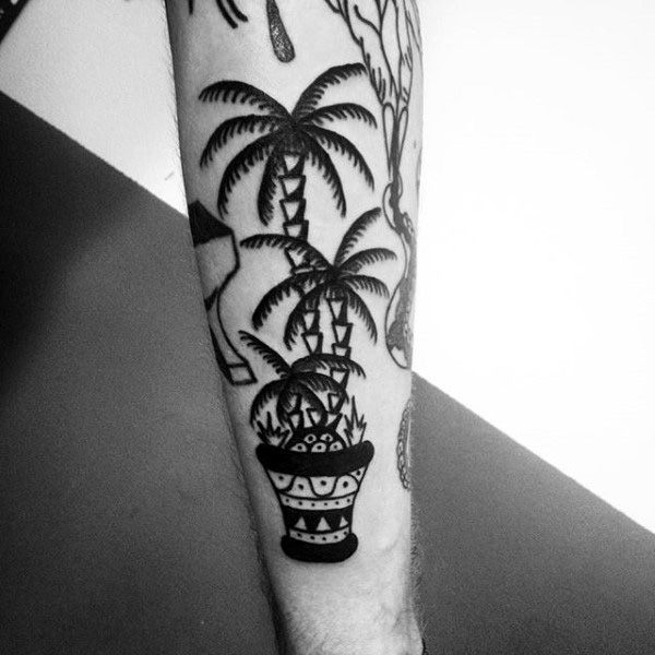 Black Palm Tree On Ethnic Pot Tattoo For Men On Legs