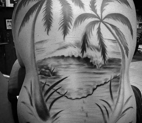 Black Palm Tree Seawave Tattoo On Whole Back For Men