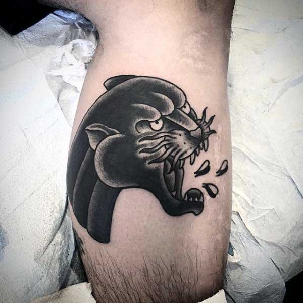Black Panther Head Tattoo For Guys On Leg Calf