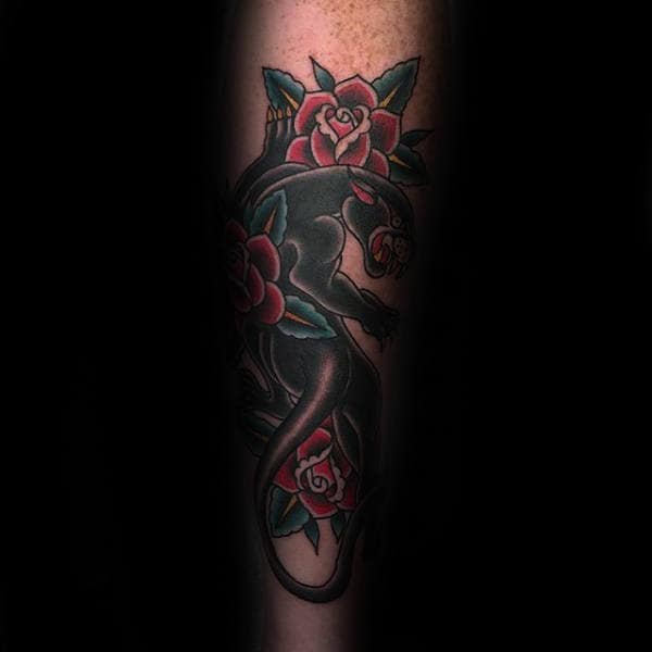 Black Panther Male Traditional Rose Forearm Tattoo Designs