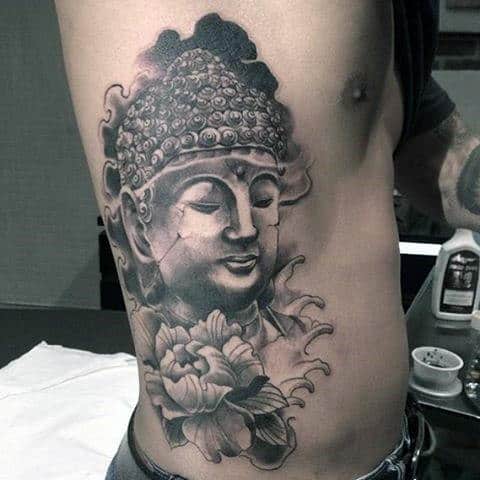 Black Pencil Art Buddha And Flower Tattoo For Men On Rib Cage Side