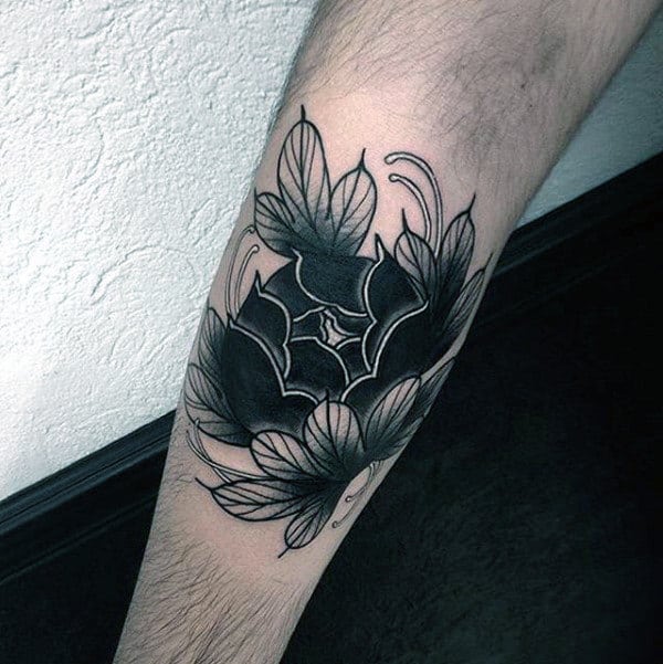 Black Peony Flower Mens Forearm Tattoo