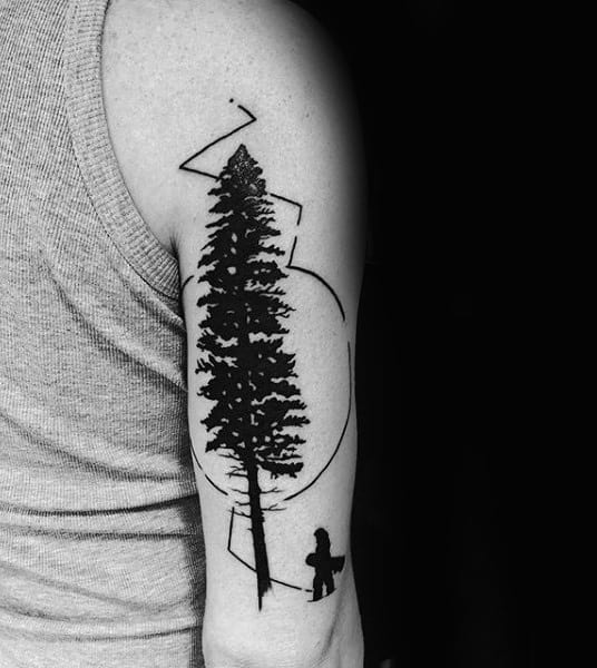 Black Pine Tree And Snowboard Tattoo Male Arms