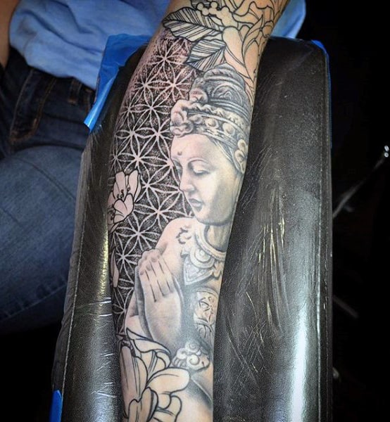 Black Praying Buddha Tattoo On Arms For Males