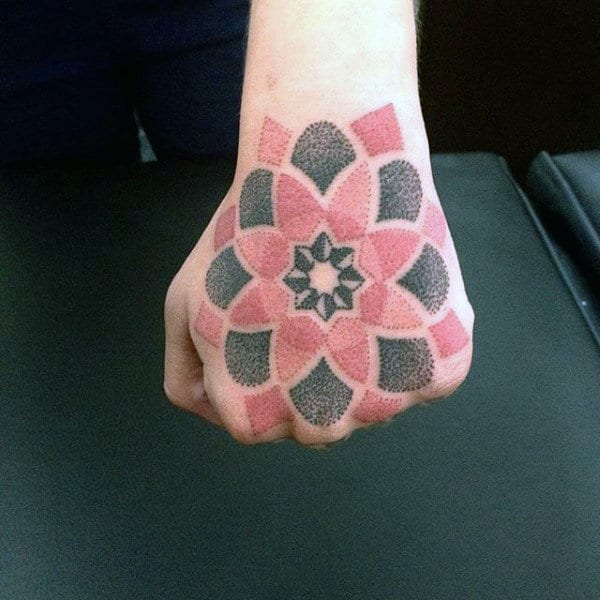 Black Red Dotwork Flower Tattoo Male Hands