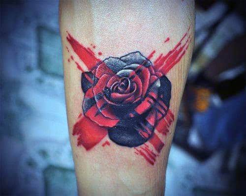 Tattoo of a red and black rose with red brushstrokes in the background