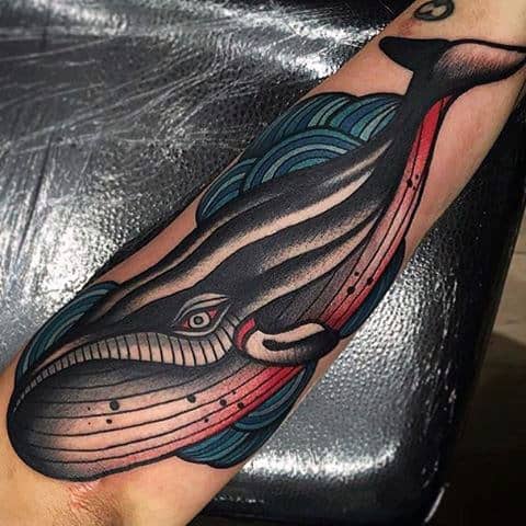Black Redand Blue Old School Traditional Whale Tatoos For Guys On Outer Forearm