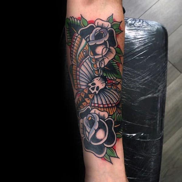 Black Rose Flower With Skull Moth Traditional Inner Forearm Tattoos For Men