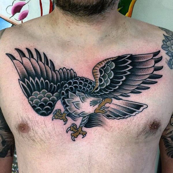Black Shaded Eagle Tattoo On Mans Upper Chest