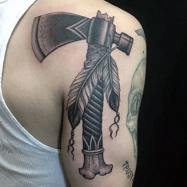 Black Shaded Mens Tomahawk Tattoo Ideas On Back Of Upper Arm