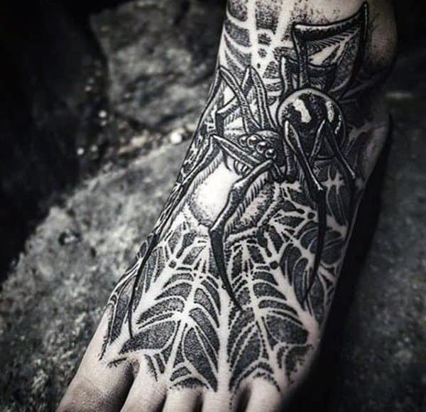 Black Shaded Spider And Web Tattoo On Feet For Men