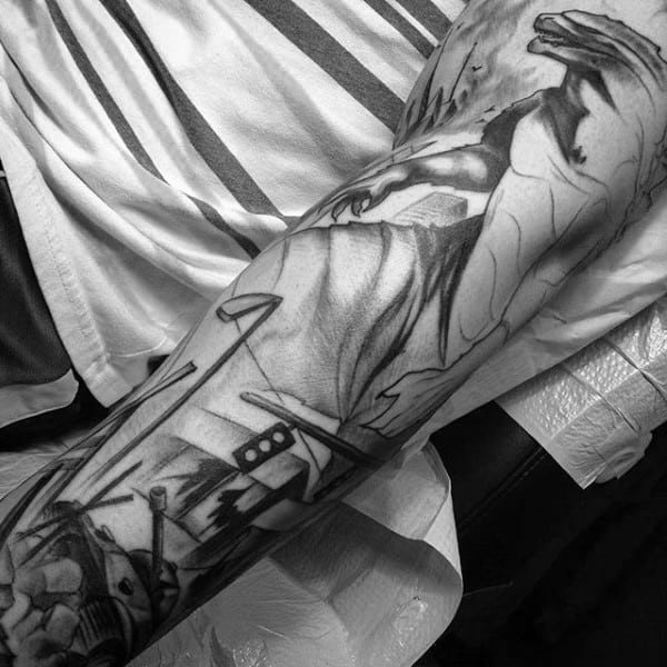 Black Shaded Unique Sleeve Destroyed City Godzilla For Men