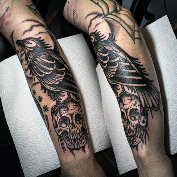 Black Skull And Raven Tattoo On Forearms For Men
