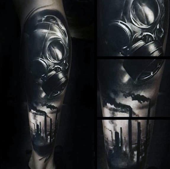 Black Smoking Towers Mens Gas Mask Tattoo Lower Arm Sleeve