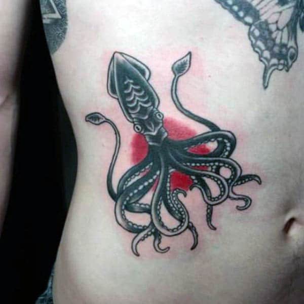 Black Squid Rib Cage Side Male Tattoo With Red Dot